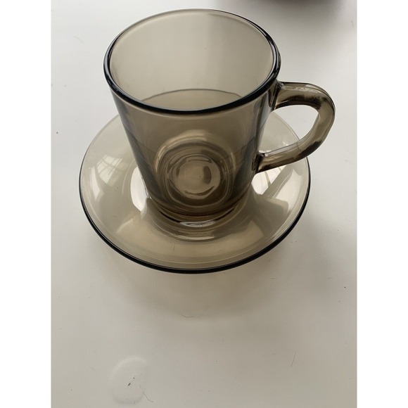 VTG Single Arcoroc France Smokey Gray Coffee Mug And Saucer Rare - Picture 2 of 7